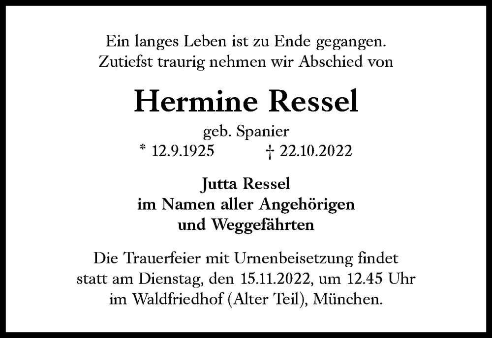  Traueranzeige für Hermine Ressel vom 12.11.2022 aus Süddeutsche Zeitung