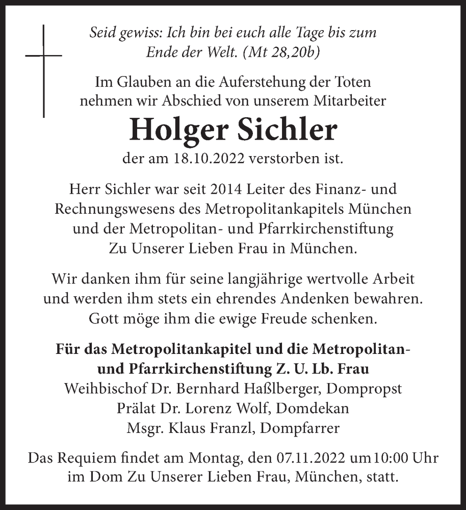  Traueranzeige für Holger Sichler vom 28.10.2022 aus Süddeutsche Zeitung