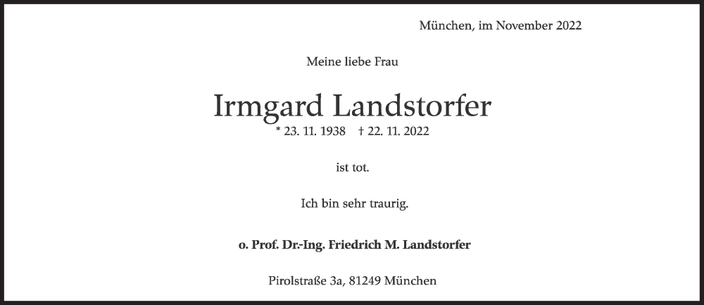  Traueranzeige für Irmgard Landstorfer vom 26.11.2022 aus Süddeutsche Zeitung