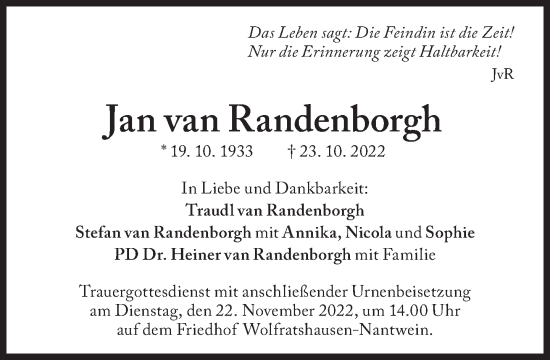 Traueranzeige von Jan  van Randenborgh  von Süddeutsche Zeitung