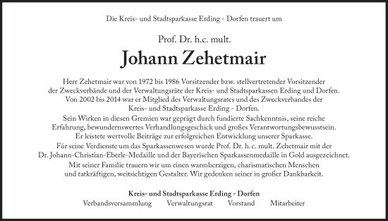 Traueranzeige von Johann Zehetmair von Süddeutsche Zeitung