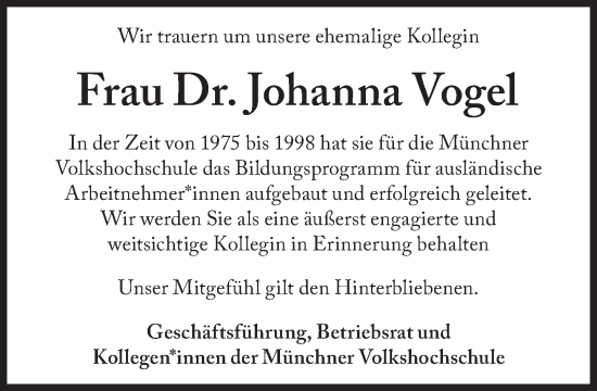 Traueranzeige von Johanna Vogel von Süddeutsche Zeitung