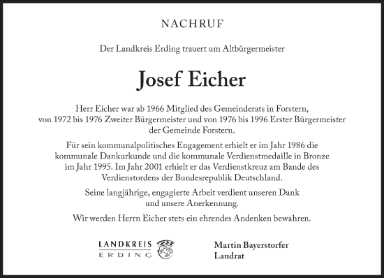 Traueranzeige von Josef Eicher von Süddeutsche Zeitung