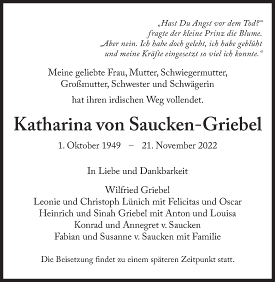 Traueranzeige von Katharina von Saucken-Griebel Katharina von Süddeutsche Zeitung