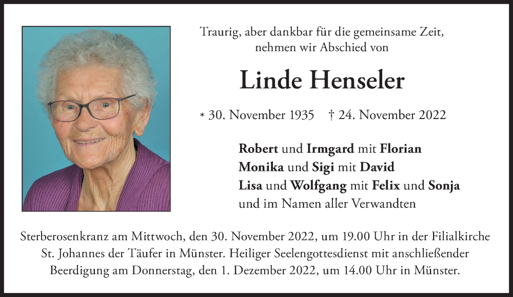  Traueranzeige für Linde Henseler vom 26.11.2022 aus Süddeutsche Zeitung