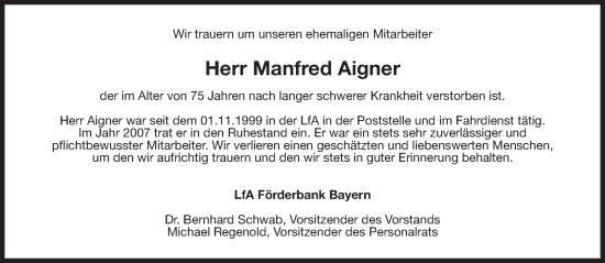 Traueranzeige von Manfred Aigner von Süddeutsche Zeitung