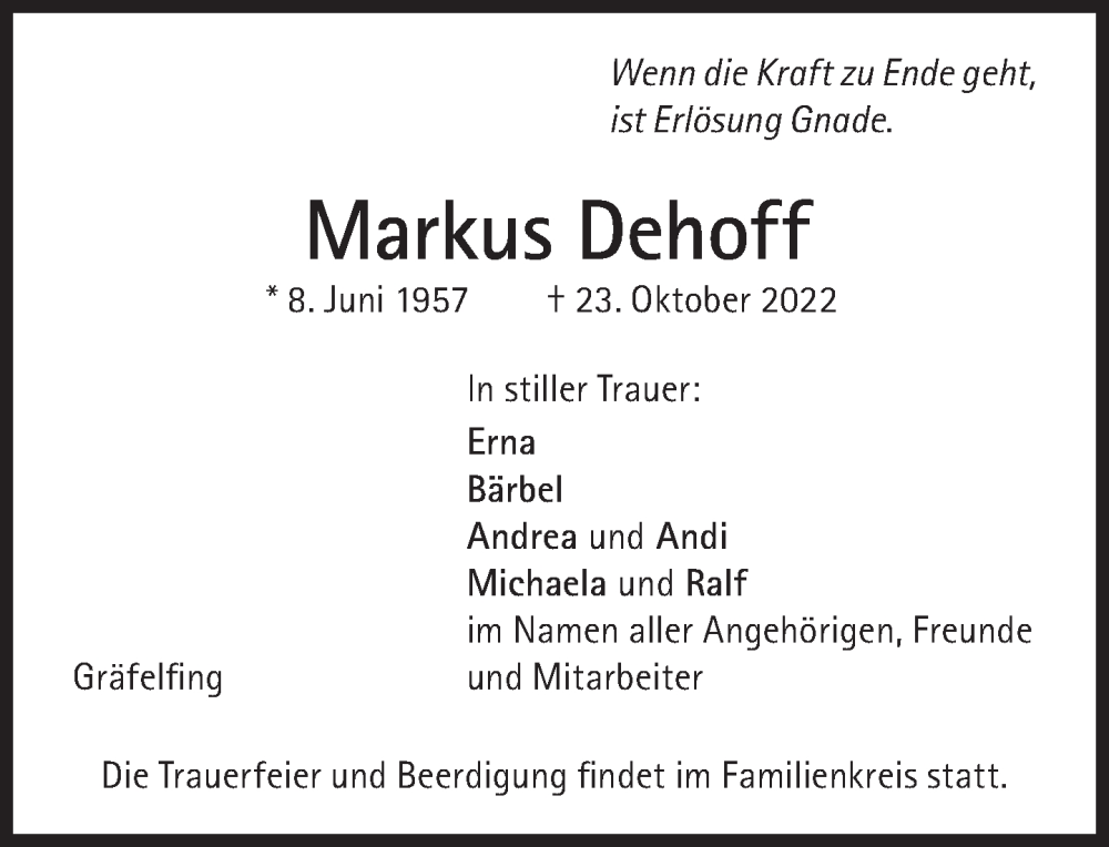  Traueranzeige für Markus Dehoff vom 05.11.2022 aus Süddeutsche Zeitung