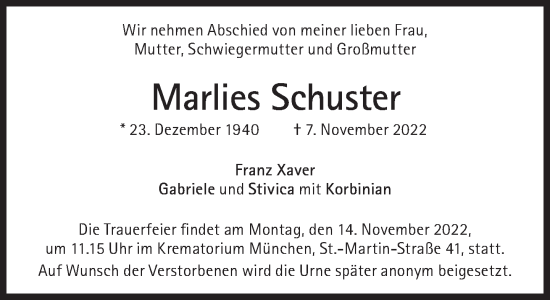 Traueranzeige von Marlies Schuster von Süddeutsche Zeitung