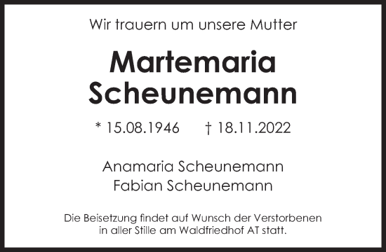 Traueranzeige von Martemaria Scheunemann von Süddeutsche Zeitung