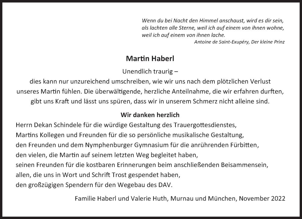  Traueranzeige für Martin Haberl vom 26.11.2022 aus Süddeutsche Zeitung