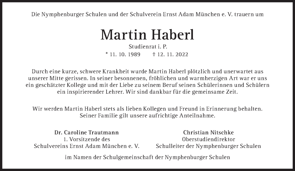  Traueranzeige für Martin Haberl vom 19.11.2022 aus Süddeutsche Zeitung