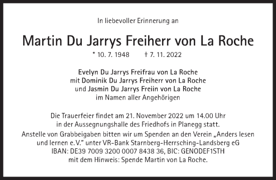 Traueranzeige von Martin Du Jarrys Freiherr von La Roche von Süddeutsche Zeitung