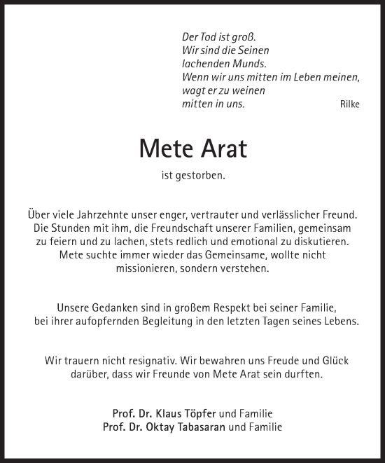 Traueranzeige von Mete Arat von Süddeutsche Zeitung