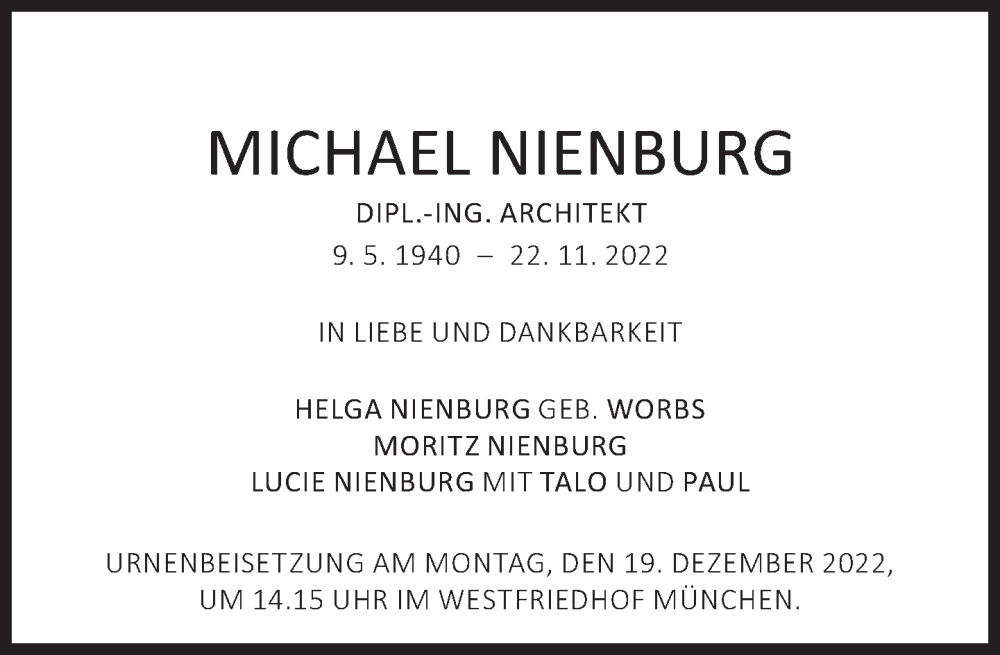  Traueranzeige für Michael Nienburg vom 26.11.2022 aus Süddeutsche Zeitung