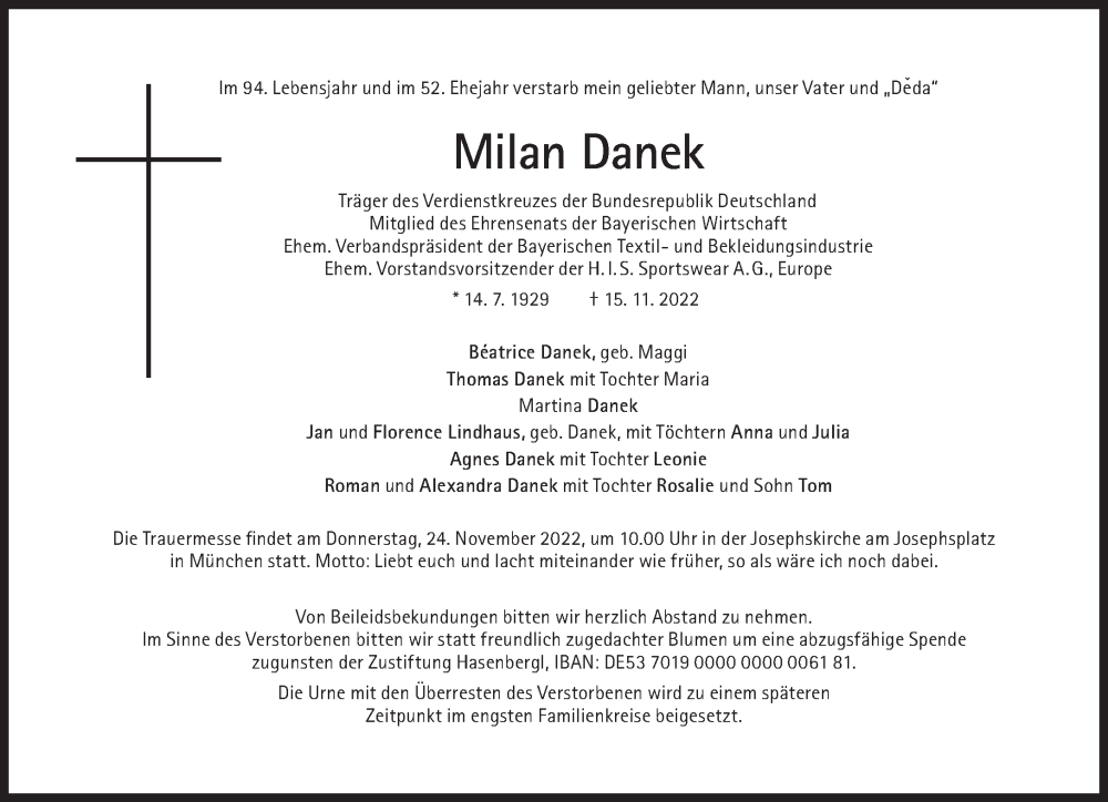  Traueranzeige für Milan Danek vom 19.11.2022 aus Süddeutsche Zeitung