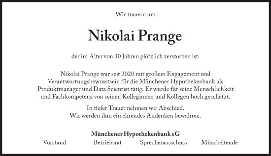 Traueranzeige von Nikolai Prange von Süddeutsche Zeitung