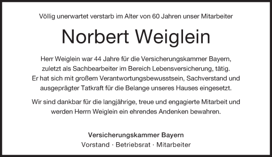 Traueranzeige von Norbert Weiglein von Süddeutsche Zeitung