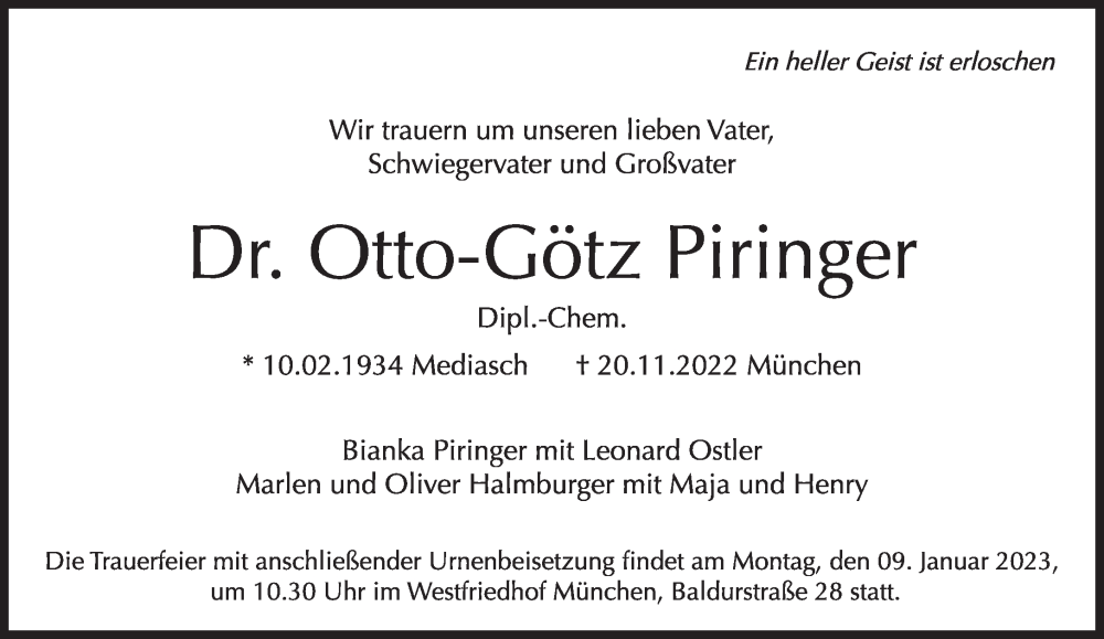 Traueranzeige für Otto-Götz Piringer vom 26.11.2022 aus Süddeutsche Zeitung