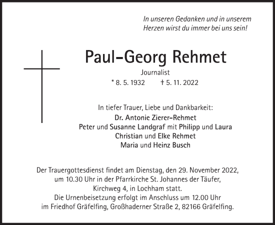 Traueranzeige von Paul-Georg Rehmet von Süddeutsche Zeitung