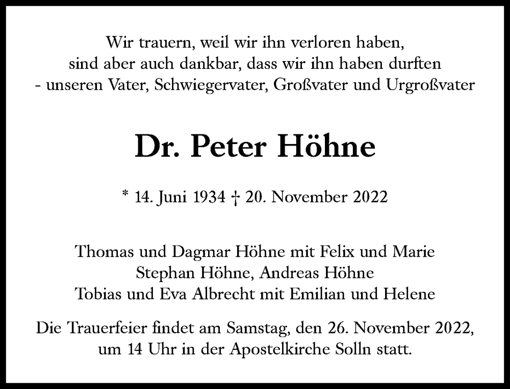  Traueranzeige für Peter Höhne vom 23.11.2022 aus Süddeutsche Zeitung