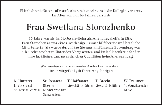 Traueranzeige von Swetlana Storozhenko von Süddeutsche Zeitung