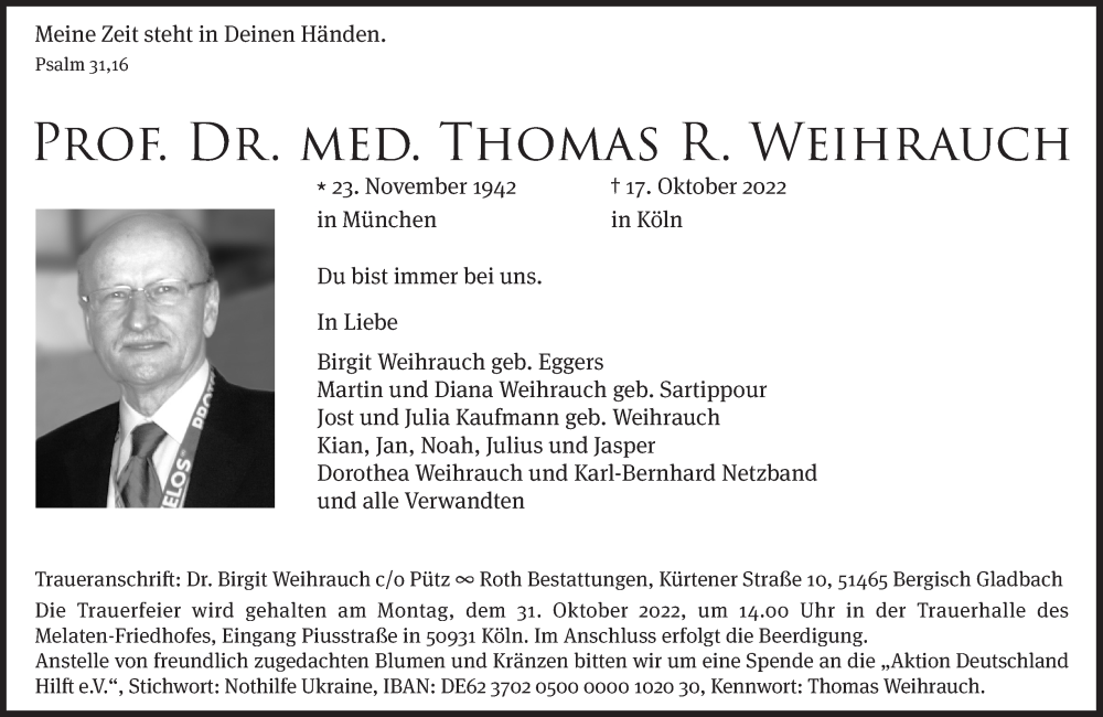  Traueranzeige für Thomas  Weihrauch  vom 26.10.2022 aus Süddeutsche Zeitung