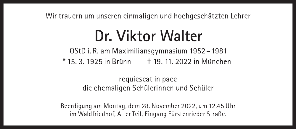  Traueranzeige für Viktor Walter vom 26.11.2022 aus Süddeutsche Zeitung