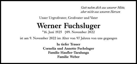 Traueranzeige von Werner Fuchsluger von Süddeutsche Zeitung