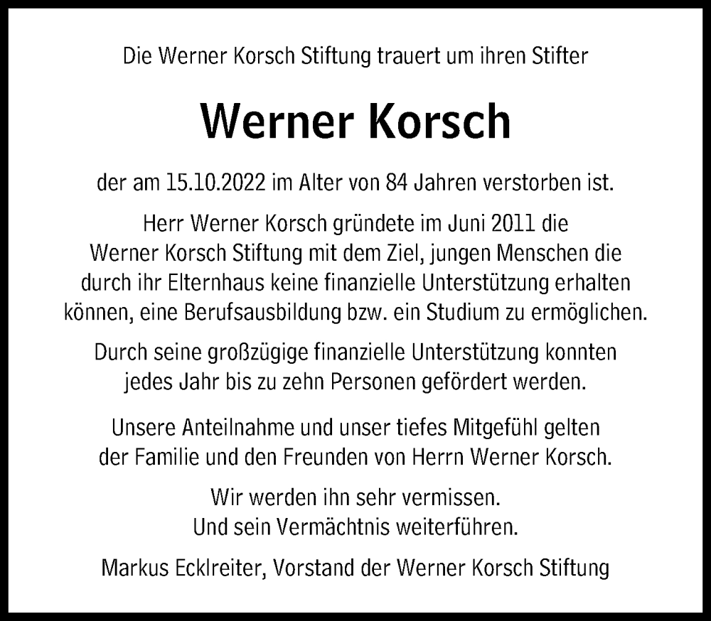  Traueranzeige für Werner Korsch vom 05.11.2022 aus Süddeutsche Zeitung