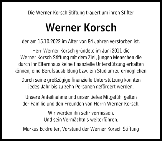 Traueranzeige von Werner Korsch von Süddeutsche Zeitung