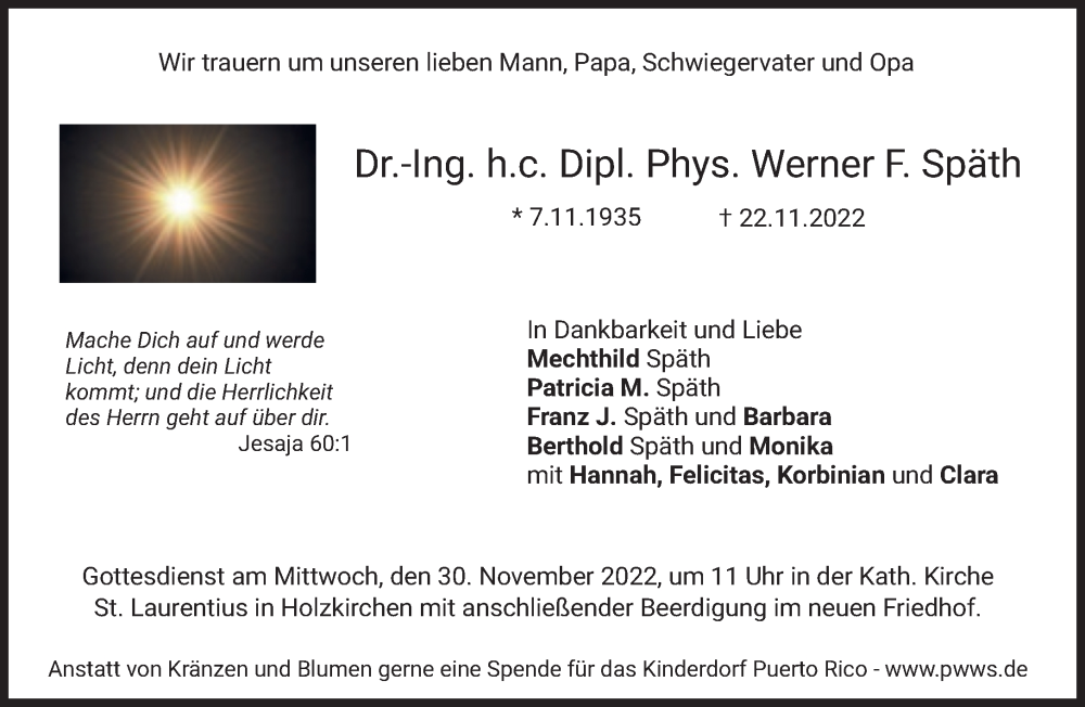  Traueranzeige für Werner F. Späth vom 26.11.2022 aus Süddeutsche Zeitung