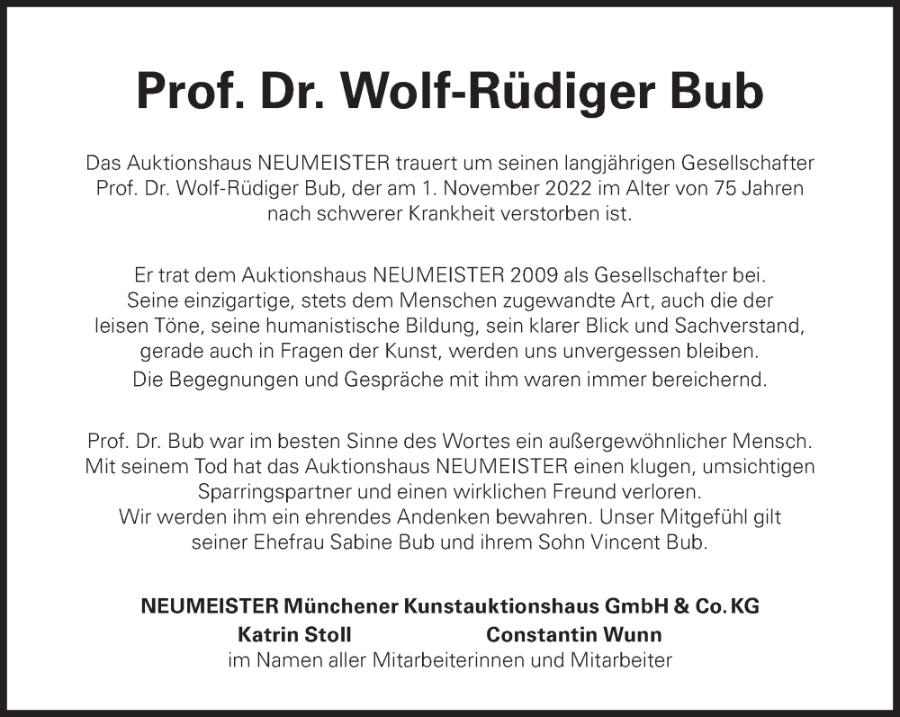 Traueranzeige für Wolf-Rüdiger Bub vom 09.11.2022 aus Süddeutsche Zeitung