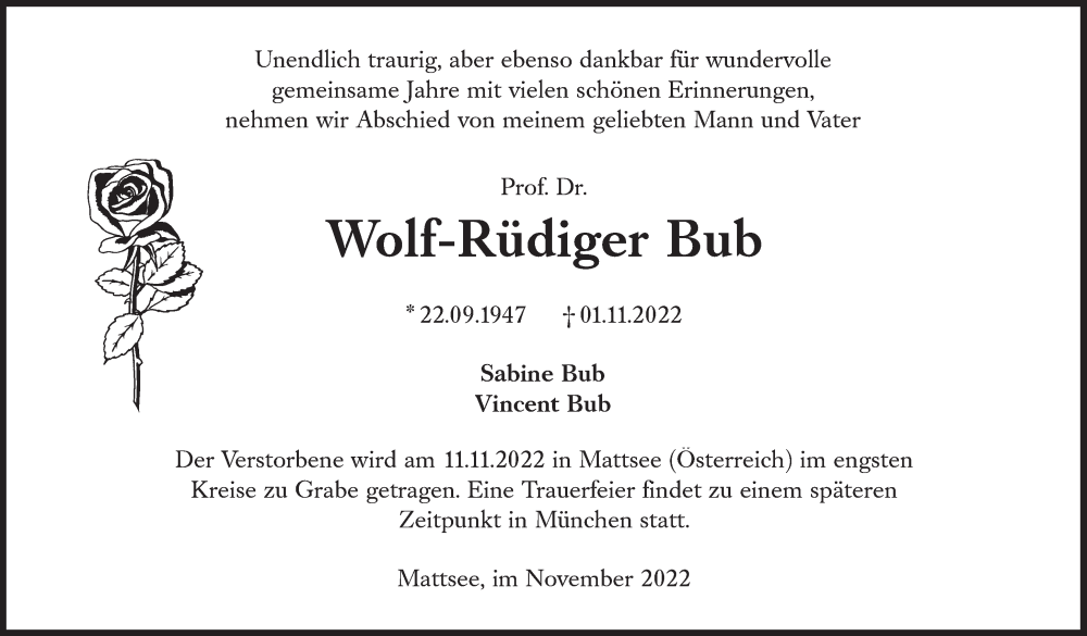  Traueranzeige für Wolf-Rüdiger Bub vom 05.11.2022 aus Süddeutsche Zeitung