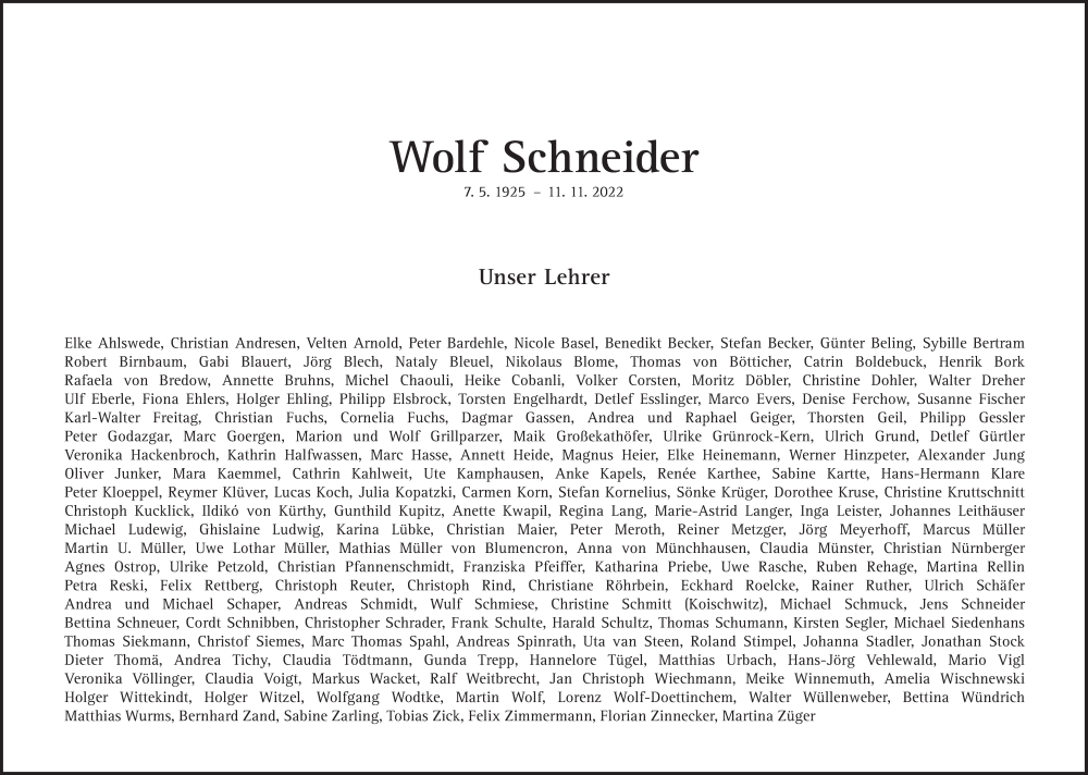  Traueranzeige für Wolf  Schneider vom 19.11.2022 aus Süddeutsche Zeitung