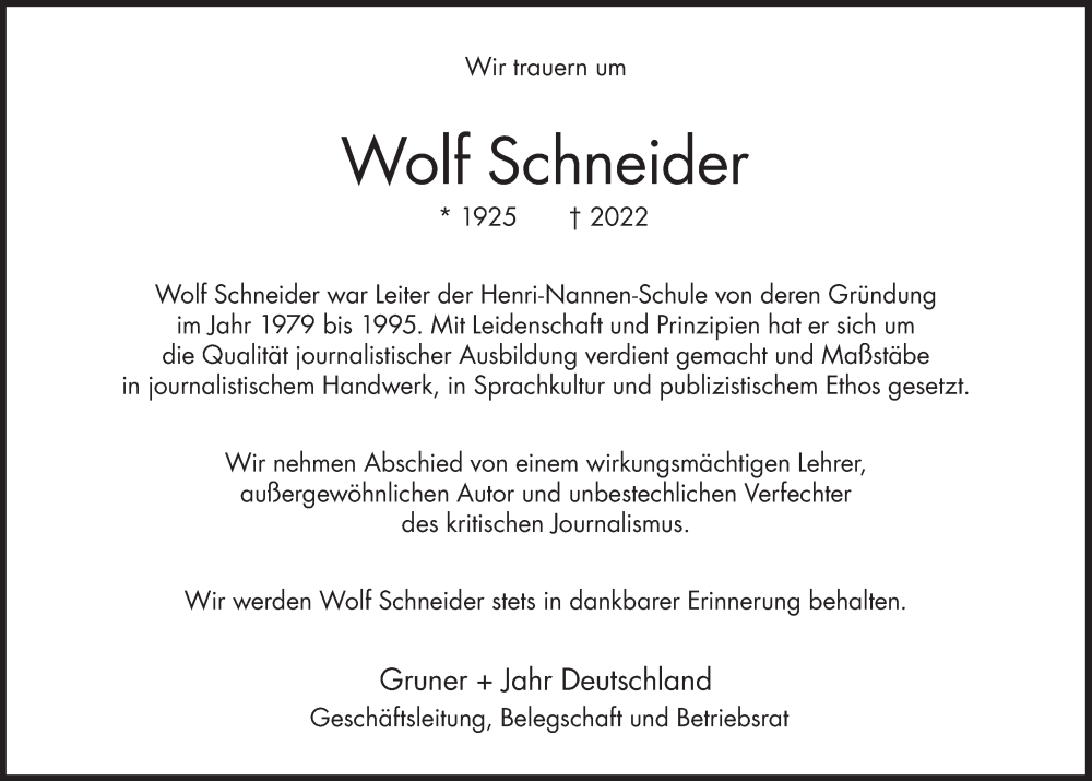  Traueranzeige für Wolf  Schneider vom 19.11.2022 aus Süddeutsche Zeitung