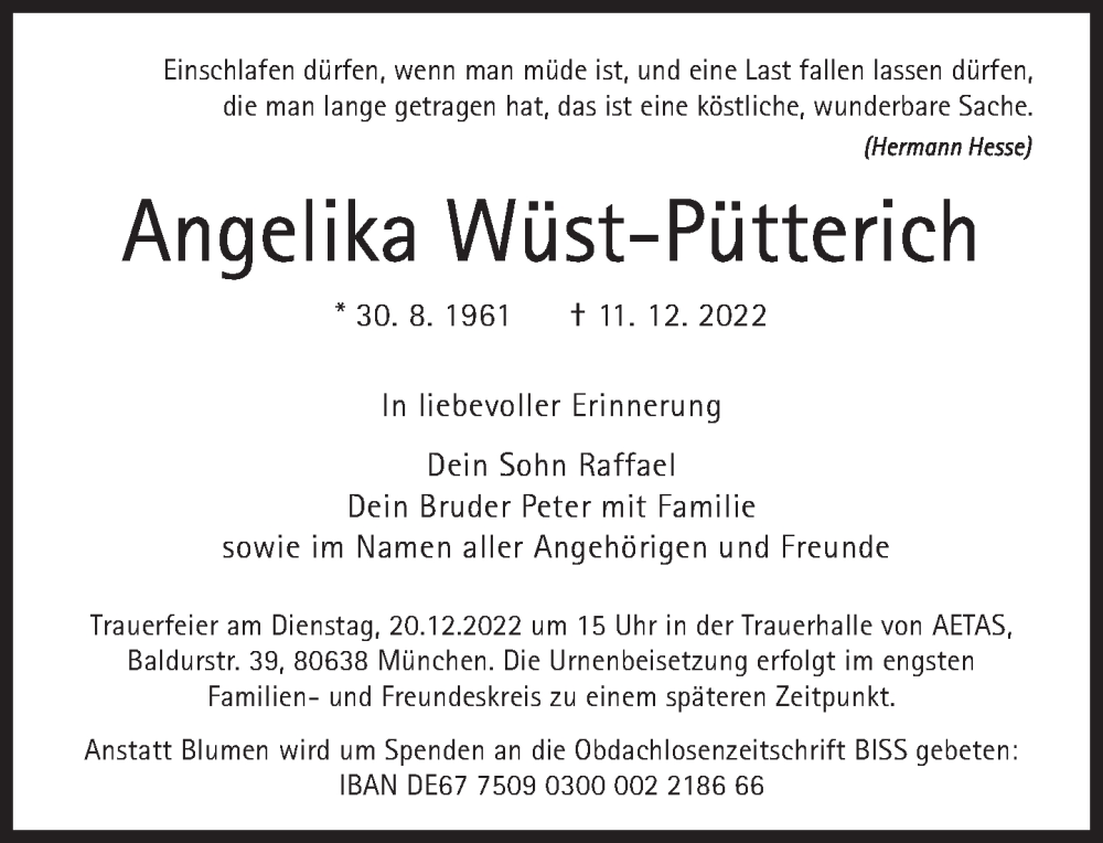  Traueranzeige für Angelika Wüst-Pütterich vom 17.12.2022 aus Süddeutsche Zeitung