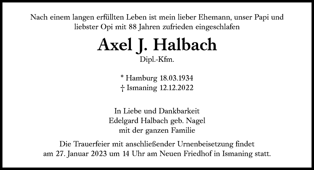  Traueranzeige für Axel J. Halbach vom 17.12.2022 aus Süddeutsche Zeitung