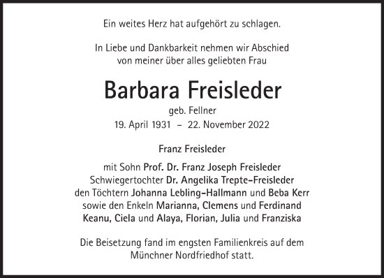 Traueranzeige von Barbara Freisleder von Süddeutsche Zeitung