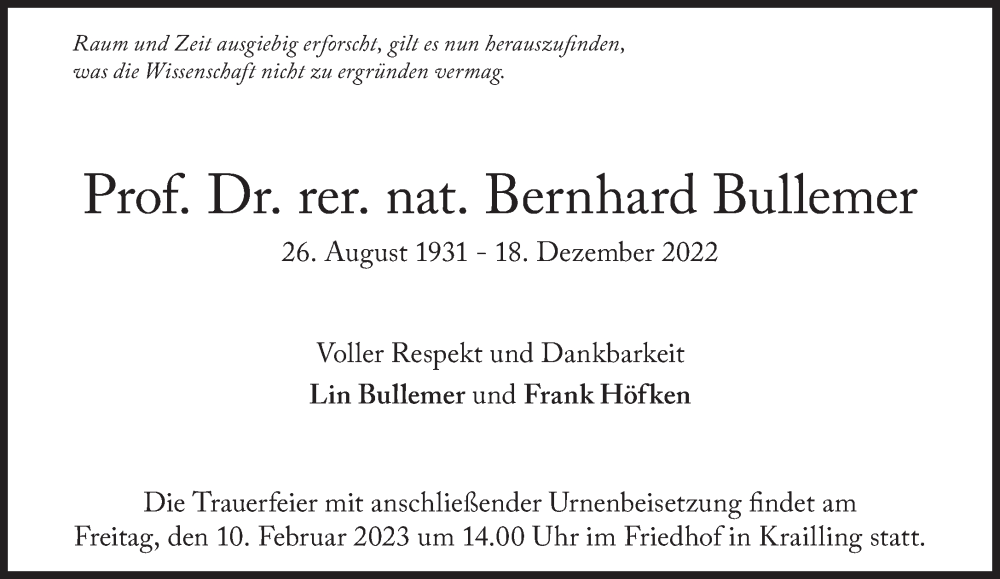  Traueranzeige für Bernhard Bullemer vom 24.12.2022 aus Süddeutsche Zeitung