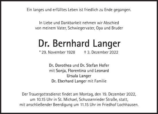 Traueranzeige von Bernhard Langer von Süddeutsche Zeitung