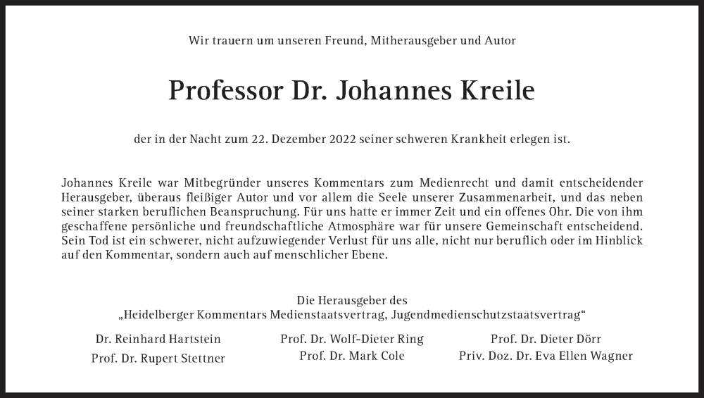  Traueranzeige für Johannes Kreile vom 28.12.2022 aus Süddeutsche Zeitung