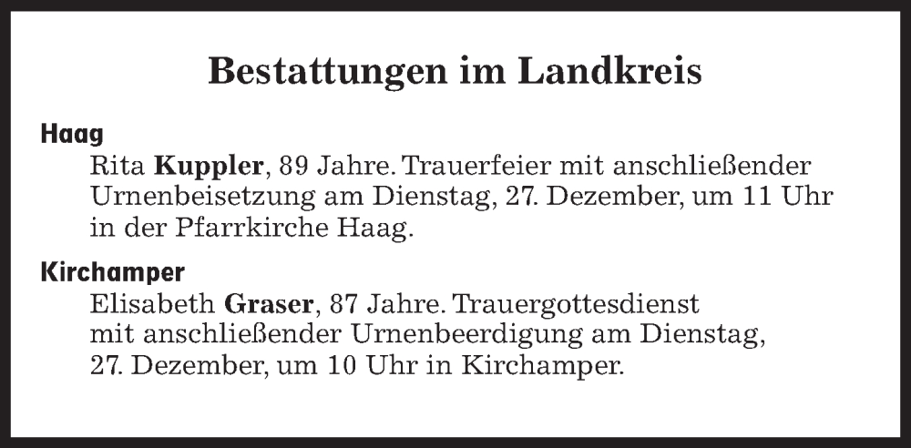  Traueranzeige für Bestattungen vom 27.12.2022 vom 27.12.2022 aus Süddeutsche Zeitung