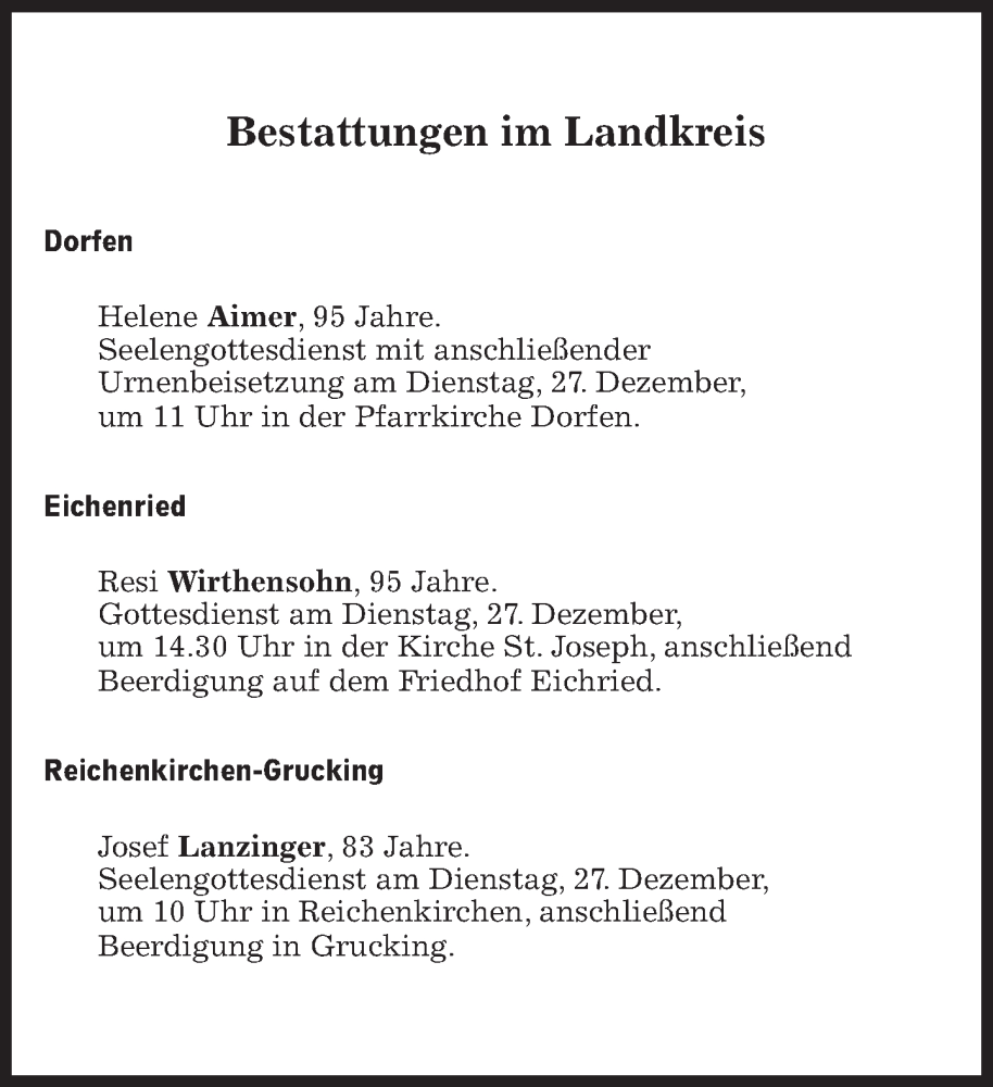  Traueranzeige für Bestattungen vom 27.12.2022 vom 27.12.2022 aus Süddeutsche Zeitung