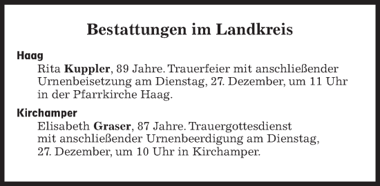Traueranzeige von Bestattungen vom 27.12.2022 von Süddeutsche Zeitung