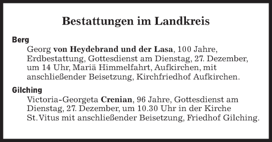 Traueranzeige von Bestattungen vom 27.12.2022 von Süddeutsche Zeitung