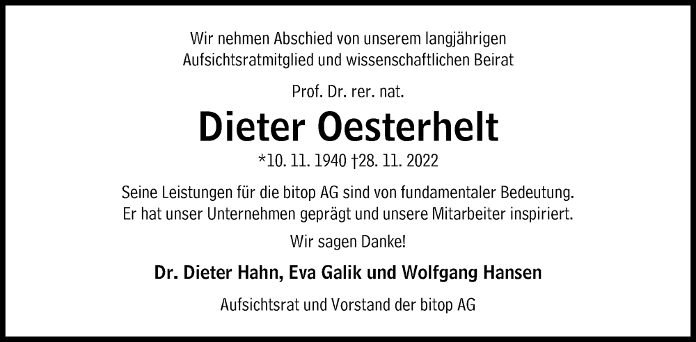  Traueranzeige für Dieter Oesterhelt vom 02.12.2022 aus Süddeutsche Zeitung