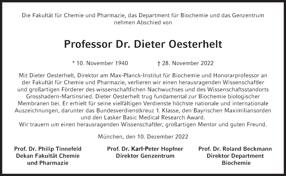  Traueranzeige für Dieter Oesterhelt vom 10.12.2022 aus Süddeutsche Zeitung