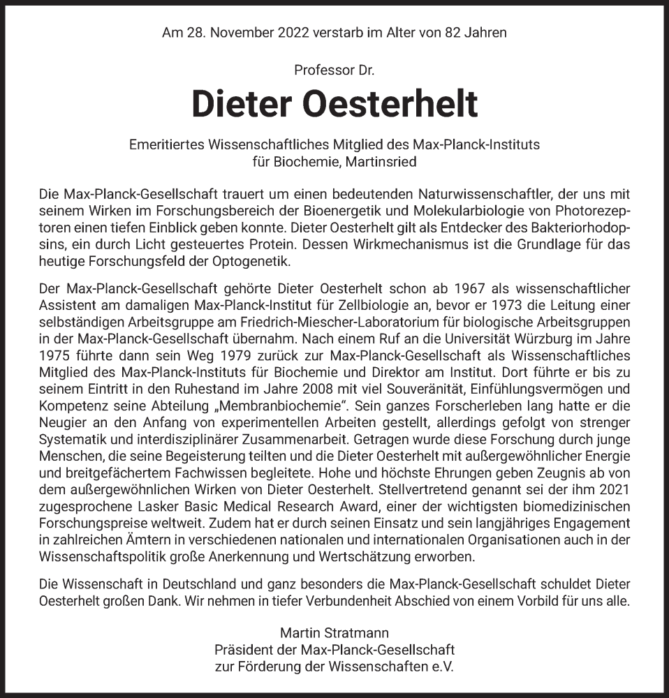  Traueranzeige für Dieter Oesterhelt vom 03.12.2022 aus Süddeutsche Zeitung
