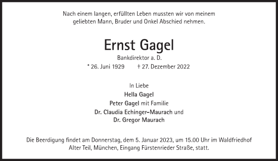 Traueranzeige von Ernst Gagel von Süddeutsche Zeitung