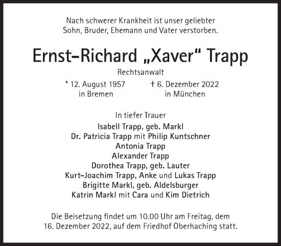 Traueranzeige von Ernst-Richard Trapp von Süddeutsche Zeitung